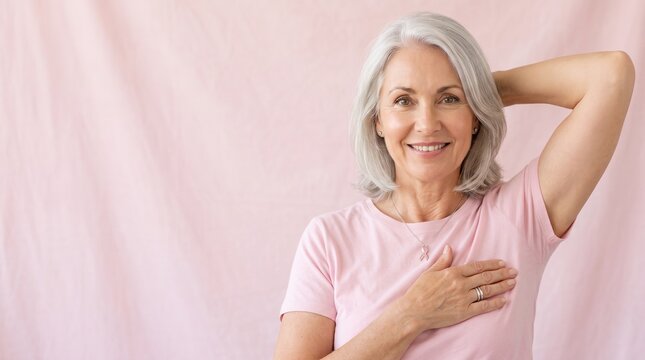 Mature woman performing a breast self-exam for early detection awareness in pink clothing. Pink October
