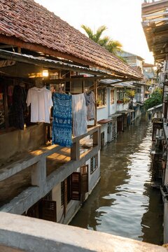 Laundry drying on an upper balcony above flooded lane concept