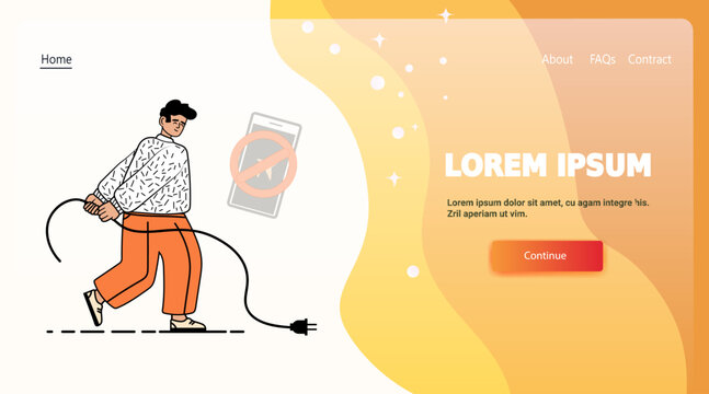 Man unplugging device digital fatigue concept screen abstract phone banned orange fluid shapes website template