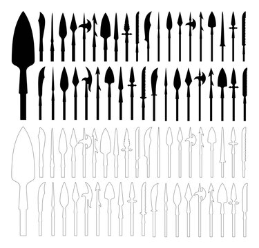 Weapon silhouettes set with spears, axes, swords and knives for historical or fantasy design