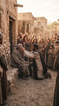 Jesus Christ healing a blind man before a village crowd. Biblical miracle of sight, healing and compassion. Christian faith and Catholic religion. Gospel story, sacred religious illustration