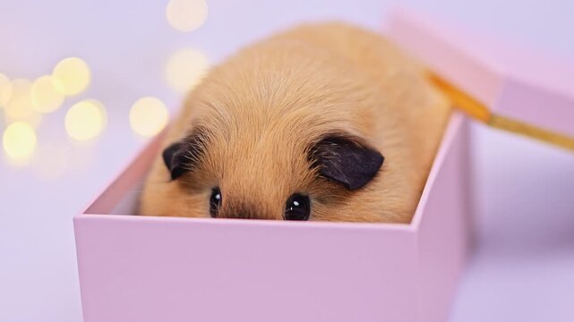 Close-Up of a Guinea Pig Peeking over a Pink Christmas Box