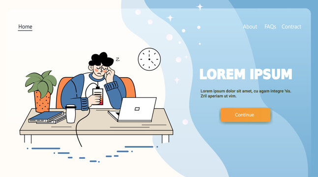 Digital fatigue tired office worker digital burnout stress person at desk with laptop coffee books plant clock modern website landing page