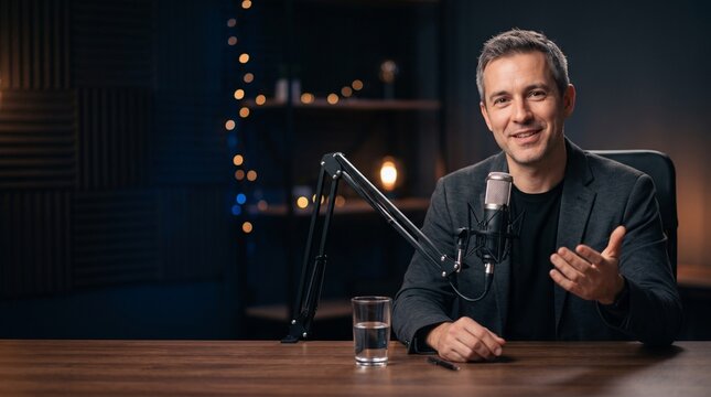 Professional male podcast host speaking into a microphone in a modern home studio setting