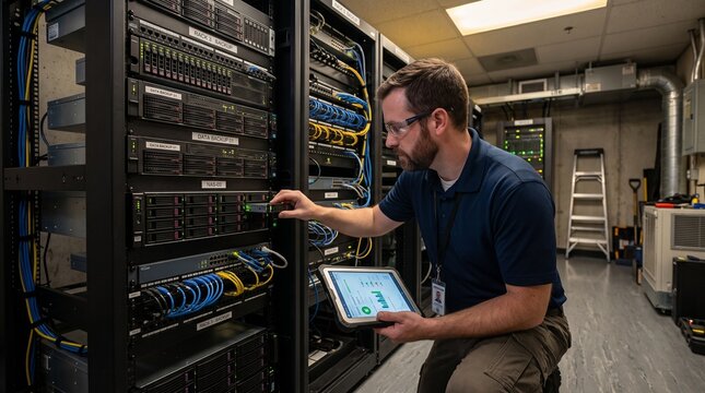 Professional technician inspecting server hardware in a secure data center facility environment