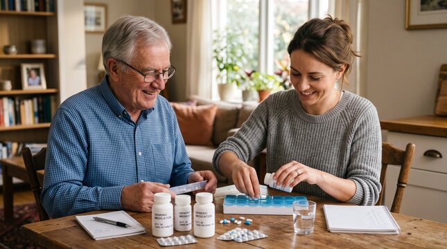 Caring daughter helping her elderly father organize his daily medication in a home setting