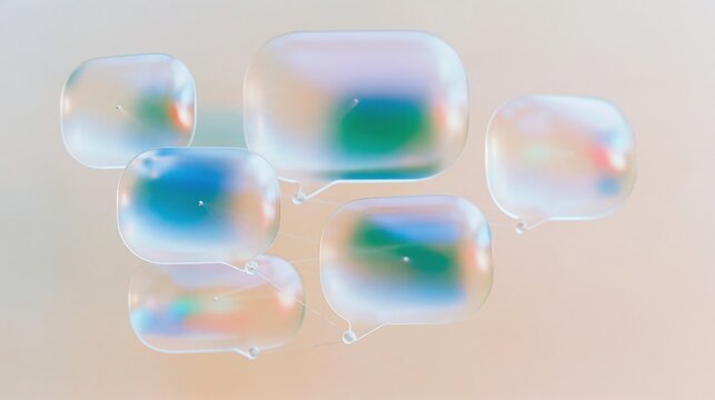 Translucent floating speech bubbles linked by fine threads, featuring iridescent frosted glass textures on a peach background for a chat banner mockup