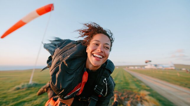 A joyful skydiver carries her parachute across a grassy field, smiling under a bright pale sky for adventure and tourism