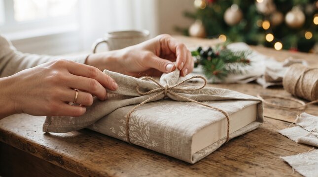Close up of hands wrapping a gift in sustainable linen fabric with rustic twine on wood table