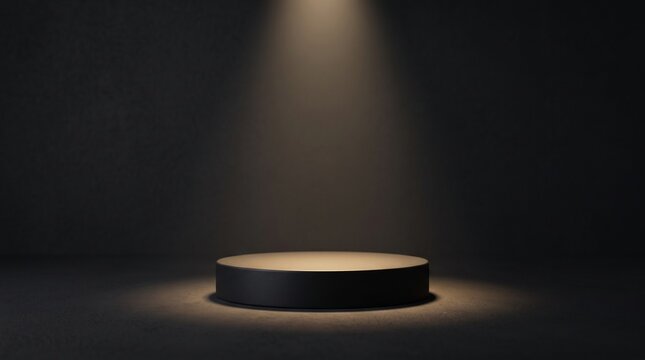 A minimalist matte black circular pedestal centered in a dark room with a soft overhead spotlight