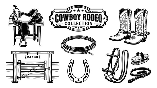Very beautiful black and white realistic vector collection featuring western horse saddle, rodeo rope, cowboy boots, horseshoe, centered label "COWBOY RODEO COLLECTION", ranch gate and horse equipment