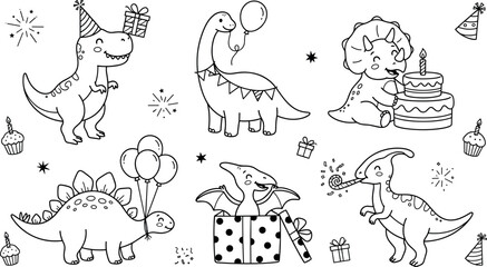 Cute Birthday Dinosaur Vector Icon Set with Cute Cartoon Dino Characters, Cake, Balloons, and Presents for Kids Coloring Pages and Party Designs © Rafika