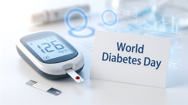 Glucose meter with blood test strip and card for world diabetes day awareness campaign