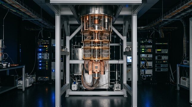 Advanced Quantum Computer Hardware with Complex Wiring and Server Racks in a Dark Laboratory Setting