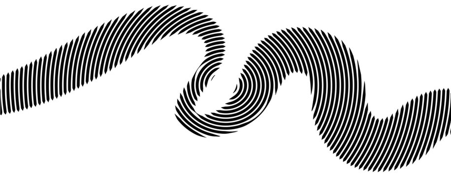 A flowing wave line with repeating parallel stripes is presented in a black and white vector style