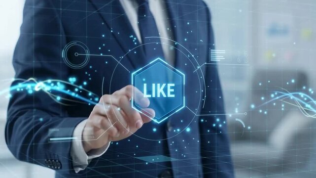 Businessman in Suit Pressing Futuristic Digital Like Button on Virtual Holographic HUD Touchscreen Interface, Social Media Feedback, Customer Rating, Approval, and Success Concept