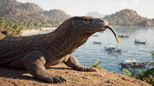 Majestic Komodo Dragon flicking tongue on a rocky cliff overlooking a tropical bay with boats, ideal for travel documentaries and wildlife education.