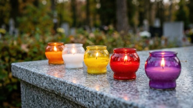 Colorful memorial candles on a granite tombstone in a cemetery