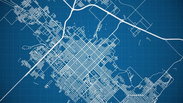 Ink reveal animation of Resistencia city, Chaco, Argentina grid map. Aerial top view. Blueprint style. White lines with blue background. 4K Seamless loop.