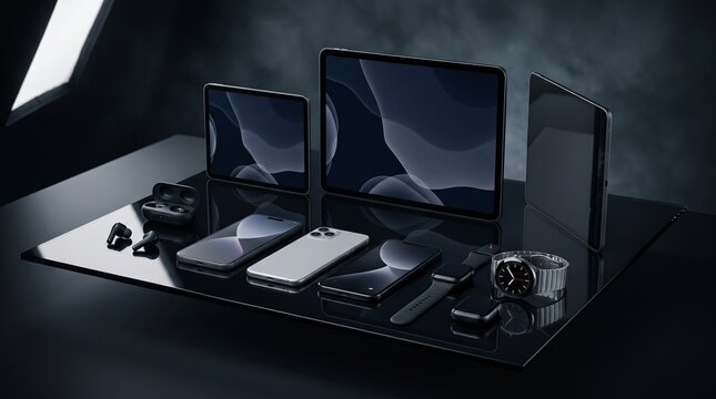 Modern electronic devices including smartphones tablets wireless earbuds and smartwatches arranged on a reflective surface