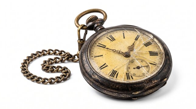 Antique pocket watch with a broken glass face and a metal chain on a white background