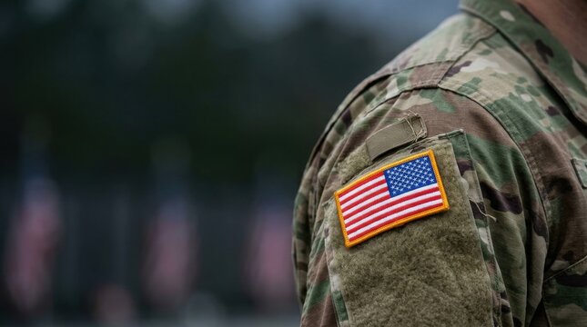 Closeup of a us flag patch on a military camouflage uniform
