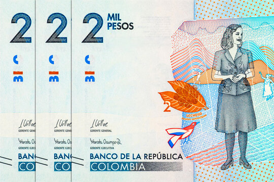 Colombian 2000 Mil Pesos banknote featuring the portrait of artist Debora Arango. Colombian national currency cash.