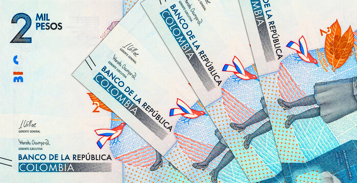 Colombian 2000 Mil Pesos banknote featuring the portrait of artist Debora Arango. Colombian national currency cash.