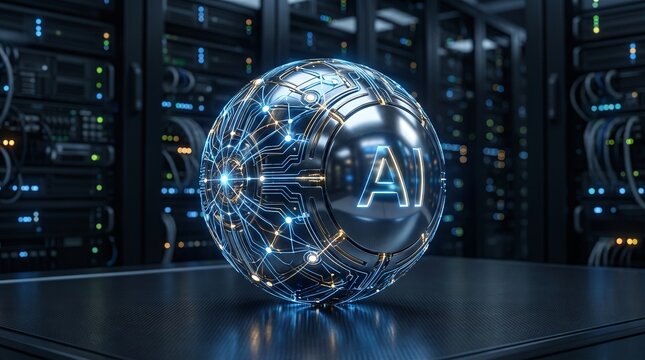 Futuristic AI sphere with glowing circuits and AI logo in a server room data center