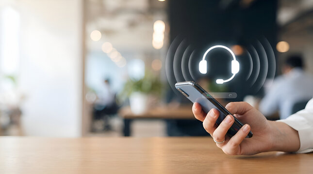 Businessman holding smartphone with headset icon signal