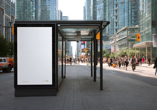 Blank Vertical Advertising Panel at Modern Bus Stop Shelter on Sunny Urban Street