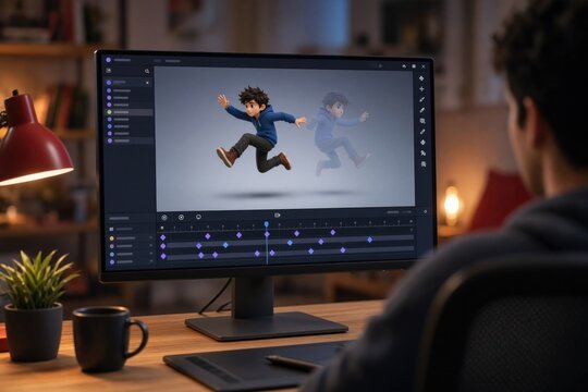 Creative workspace showcasing character animation software in action, vibrant colors, dynamic scene