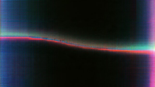 CRT static noise overlay with a torn horizontal band across a pixel grid - old television monitor glitch with blue and magenta subpixel glow on black for retro video effect and tech backdrop