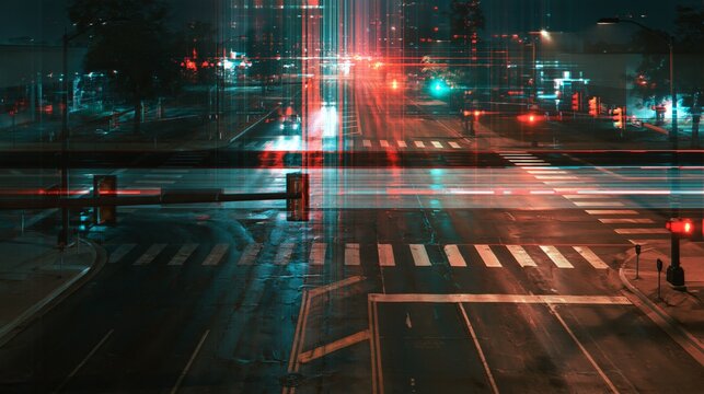 Glitched drone view of an empty city intersection at night with crosswalks and traffic lights - surveillance footage with red and teal RGB split and horizontal signal distortion