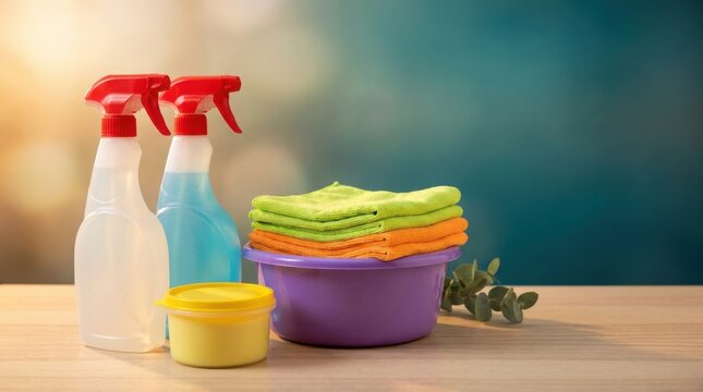 Cleaning supplies with spray bottles and microfiber cloths on wooden
