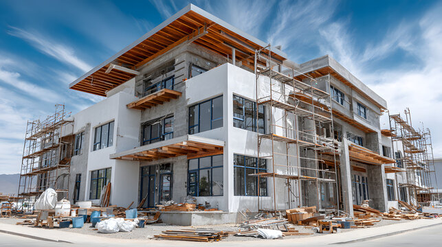 A modern concrete building under construction with scaffolding, wooden frames, and construction materials on a clear day.