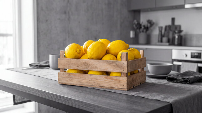 Lemon crate on kitchen table with bowls and utensils in modern home setting Generative AI
