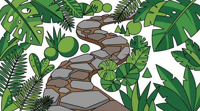 Green tropical path with stepping stones and plants