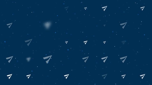 Evenly spaced paper plane symbols of different sizes grow, shrink and fade. Seamless looped 4k animation on dark blue background with stars