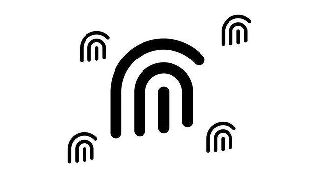 Large black fingerprint symbol zooms in and out at the center, surrounded by four small copies. Seamless looped 4k animation on white background