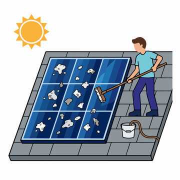 Bird droppings on solar panel. Roof cleaning and maintenance service concept. Flat vector illustration