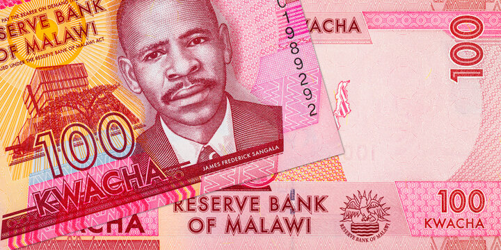 100 Malawian Kwacha banknote featuring the College of Medicine in Blantyre and a stethoscope. Money of Malawi. African paper money background.