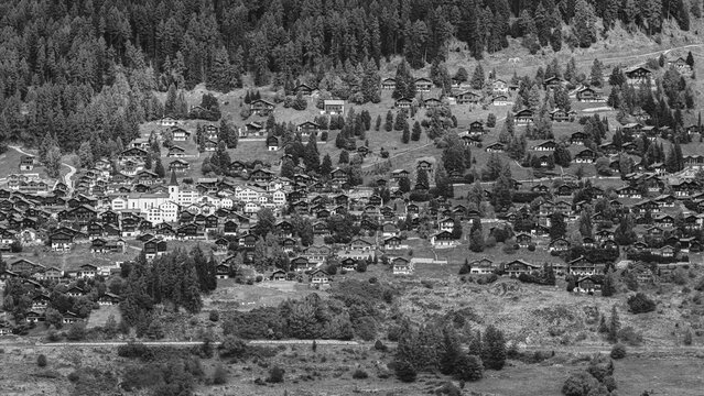 Mountain village Saint Luc, panoramic view, black and white photograph, Val d'Anniviers, Valais Alps, Canton Valais, Switzerland