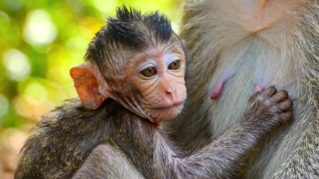 Heartwarming Wildlife Moment of a baby macaque monkey nursing from its mother in a lush tropical forest, ideal for nature documentaries and wildlife conservation campaigns.