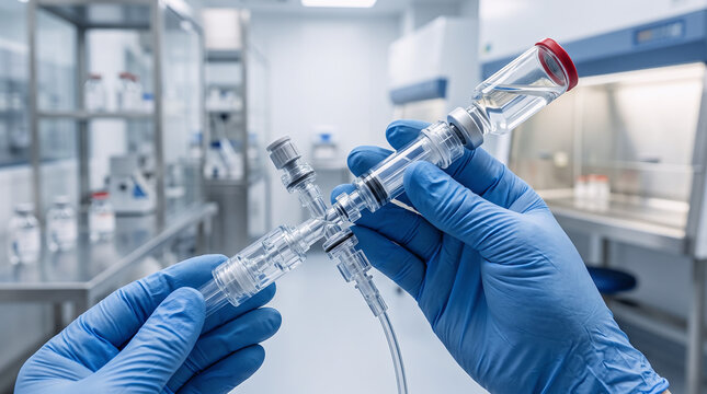 close-up of a pharmacist's blue nitrile gloved hands holding a sterile closed-system drug transfer device, precision connectors and protective components clearly visible, modern pharmaceutical room