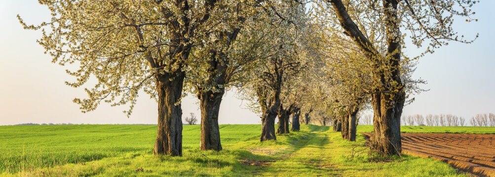 A dirt road leads through a cherry alley with blooming cherry trees in spring, field landscape with green fields in morning light, Burgenlandkreis, Saxony-Anhalt, Germany