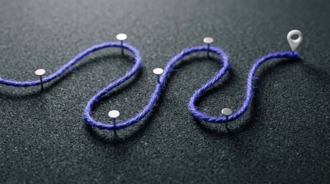 Purple yarn path marked with silver nails and a location map pin