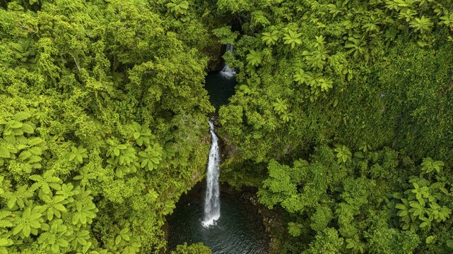 Aerial of the Tavoro Falls, Bouma National Park, Taveuni, Fiji, South Pacific
