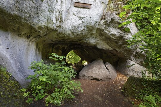 Entrance Quackenschloss, passage cave, karst cave, geotope, natural monument, near Engelhardsberg, district of Markt Wiesenttal, Upper Franconia, Franconian Switzerland, Franconia, Bavaria, Germany