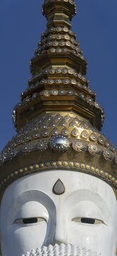 Head with crown of the highest of the five seated Buddhas (path to enlightenment), Buddhist temple complex Wat Phra That Sorn Kaew, Phetchabun province, Isan, Thailand